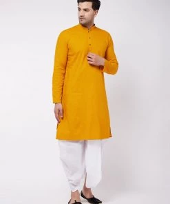 VASTRAMAY Men's Mustard And White Cotton Blend Kurta And Dhoti Set