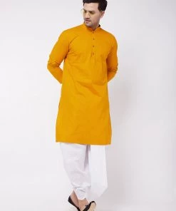 VASTRAMAY Men's Mustard And White Cotton Blend Kurta And Dhoti Set