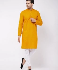 VASTRAMAY Men's Mustard And White Solid Cotton Blend Kurta Pyjama Set