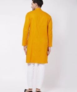 VASTRAMAY Men's Mustard And White Solid Cotton Blend Kurta Pyjama Set