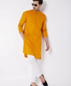 VASTRAMAY Men's Mustard And White Solid Cotton Blend Kurta Pyjama Set