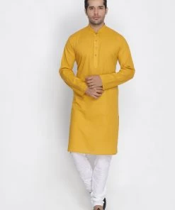 Vastramay Men's Yellow Cotton Kurta And Pyjama Set