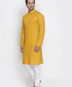 Kurta Pyjama Vastramay Mustard And White Baap Beta Kurta And Pyjama Set