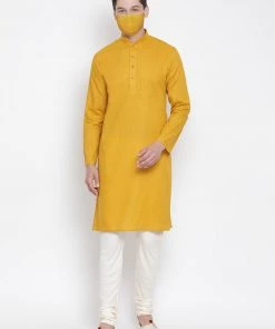 Vastramay Men's Yellow Cotton Kurta And Pyjama Set