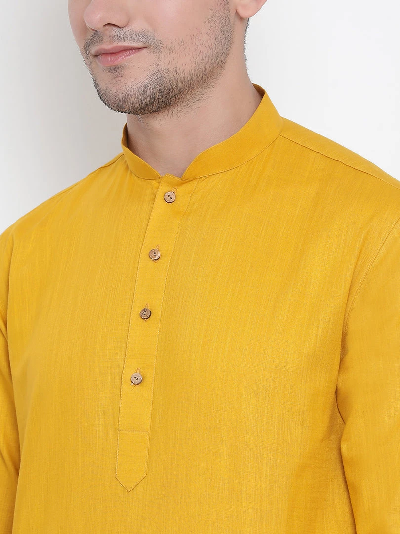 Vastramay Men's Yellow Cotton Kurta And Pyjama Set 6 Vastramay Men's Yellow Cotton Kurta And Pyjama Set