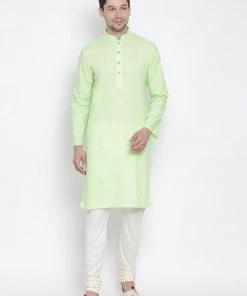 Vastramay Men's Light Green Cotton Kurta And Churidar Set