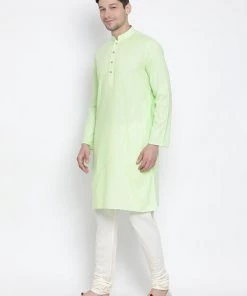 Vastramay Men's Light Green Cotton Kurta And Churidar Set