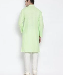 Vastramay Men's Light Green Cotton Kurta And Churidar Set