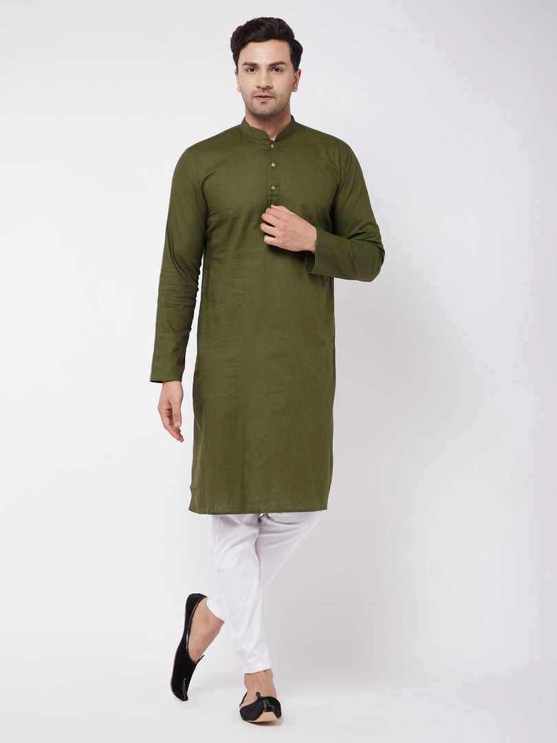 VASTRAMAY Men's Mehendi Green Solid Cotton Blend Kurta And White Pyjama Set 8 VASTRAMAY Men's Mehendi Green Solid Cotton Blend Kurta And White Pyjama Set