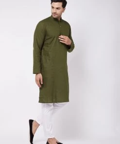 VASTRAMAY Men's Mehendi Green Solid Cotton Blend Kurta And White Pyjama Set