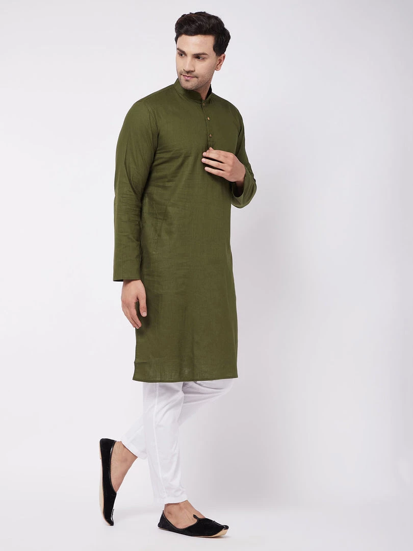 VASTRAMAY Men's Mehendi Green Solid Cotton Blend Kurta And White Pyjama Set 4 VASTRAMAY Men's Mehendi Green Solid Cotton Blend Kurta And White Pyjama Set