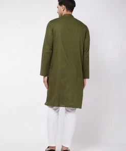 VASTRAMAY Men's Mehendi Green Solid Cotton Blend Kurta And White Pyjama Set 11 VASTRAMAY Men's Mehendi Green Solid Cotton Blend Kurta And White Pyjama Set