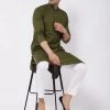 VASTRAMAY Men's Mehendi Green Solid Cotton Blend Kurta And White Pyjama Set