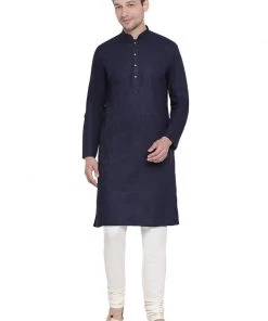 Vastramay Men's Dark Blue Cotton Kurta And Churidar Set