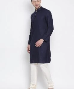 Vastramay Men's Dark Blue Cotton Kurta And Churidar Set