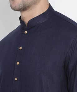 Vastramay Men's Dark Blue Cotton Kurta And Churidar Set