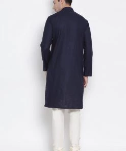 Vastramay Men's Dark Blue Cotton Kurta And Churidar Set