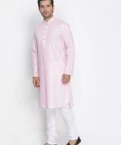 Vastramay Men's Pink Cotton Kurta And Pyjama Set