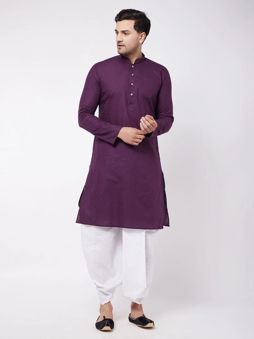 VASTRAMAY Men's Purple And White Cotton Blend Kurta And Dhoti Set 4 VASTRAMAY Men's Purple And White Cotton Blend Kurta And Dhoti Set