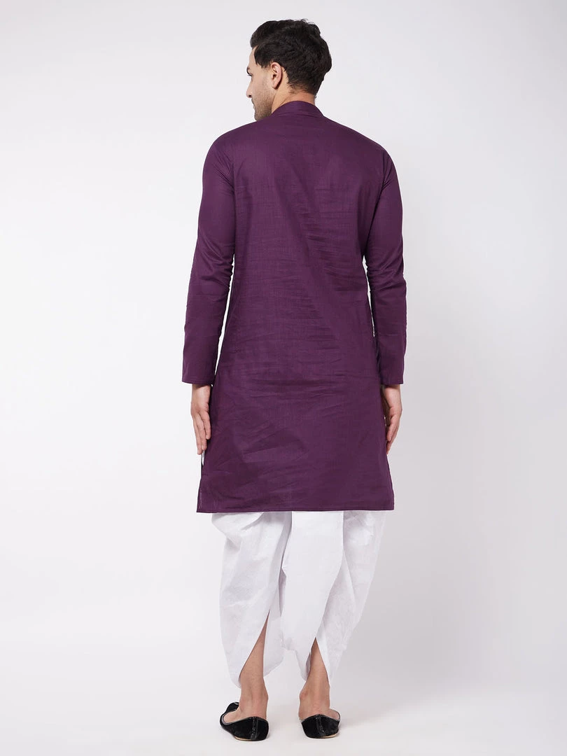 VASTRAMAY Men's Purple And White Cotton Blend Kurta And Dhoti Set 6 VASTRAMAY Men's Purple And White Cotton Blend Kurta And Dhoti Set