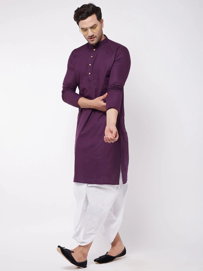 VASTRAMAY Men's Purple And White Cotton Blend Kurta And Dhoti Set 3 VASTRAMAY Men's Purple And White Cotton Blend Kurta And Dhoti Set