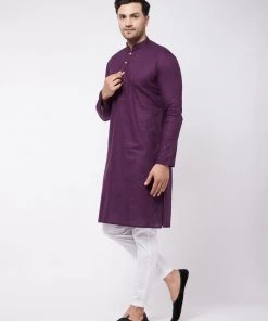 VASTRAMAY Men's Purple Solid Cotton Blend Kurta And White Pyjama Set