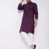 VASTRAMAY Men's Purple Solid Cotton Blend Kurta And White Pyjama Set