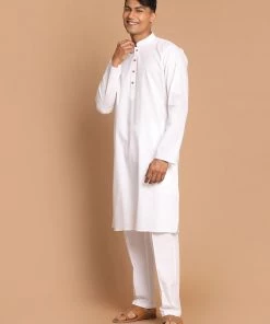 VASTRAMAY Men White Kurta Pyjama Set With Prayer Cap Kurta Sets
