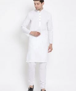 Vastramay Men's White Cotton Kurta And Churidar Set