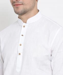 Vastramay Men's White Cotton Kurta And Churidar Set