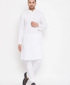 Vastramay Kurta Sets Men's White Cotton Linen Blend Kurta Churidar Set