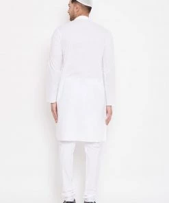 Vastramay Kurta Sets Men's White Cotton Linen Blend Kurta Churidar Set