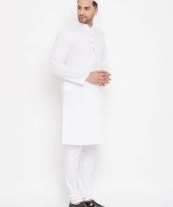 Vastramay Kurta Sets Men's White Cotton Linen Blend Kurta Churidar Set