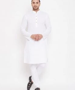 Vastramay Kurta Sets Men's White Cotton Linen Blend Kurta Churidar Set