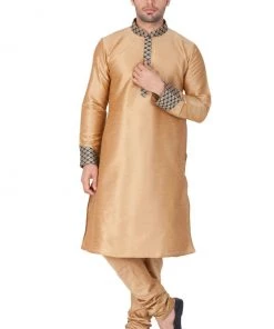 VASTRAMAY Men's Gold Cotton Silk Blend Kurta And Pyjama Set