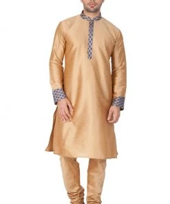 VASTRAMAY Men's Gold Cotton Silk Blend Kurta And Pyjama Set