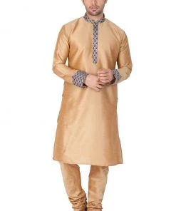VASTRAMAY Men's Gold Cotton Silk Blend Kurta And Pyjama Set