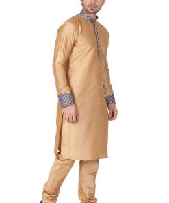 VASTRAMAY Men's Gold Cotton Silk Blend Kurta And Pyjama Set
