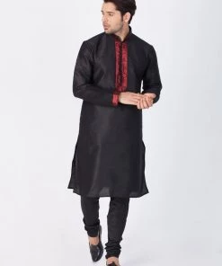 Vastramay Men's Black Cotton Silk Blend Kurta And Pyjama Set