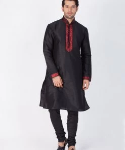 Vastramay Men's Black Cotton Silk Blend Kurta And Pyjama Set