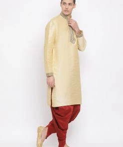 Buy 1 Get 1 VASTRAMAY Men's Gold Cotton Silk Blend Kurta