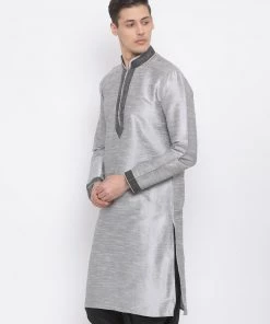 VASTRAMAY Men's Grey Cotton Silk Blend Kurta
