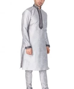 Vastramay Men's Grey Cotton Silk Blend Kurta And Pyjama Set