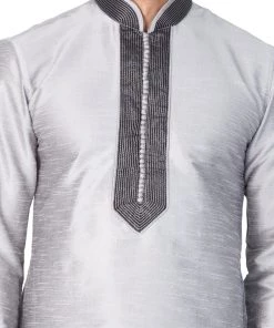 Vastramay Men's Grey Cotton Silk Blend Kurta And Pyjama Set