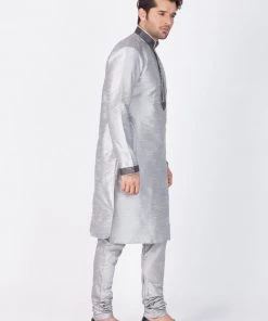 Vastramay Men's Grey Cotton Silk Blend Kurta And Pyjama Set