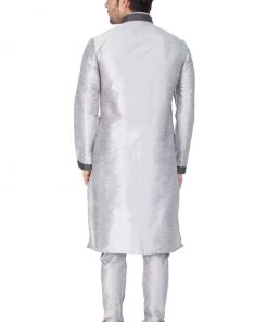 Vastramay Men's Grey Cotton Silk Blend Kurta And Pyjama Set