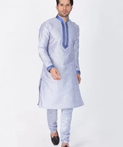 VASTRAMAY Men's Light Blue Cotton Silk Blend Kurta Buy 1 Get 1