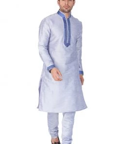 Vastramay Men's Light Blue Cotton Silk Blend Kurta And Pyjama Set Buy 1 Get 1