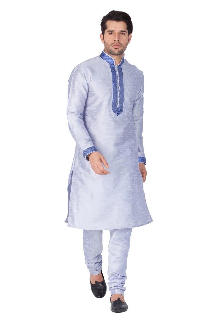 Vastramay Men's Light Blue Cotton Silk Blend Kurta And Pyjama Set Buy 1 Get 1 3 Vastramay Men's Light Blue Cotton Silk Blend Kurta And Pyjama Set Buy 1 Get 1