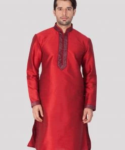 Buy 1 Get 1 VASTRAMAY Men's Maroon Cotton Silk Blend Kurta